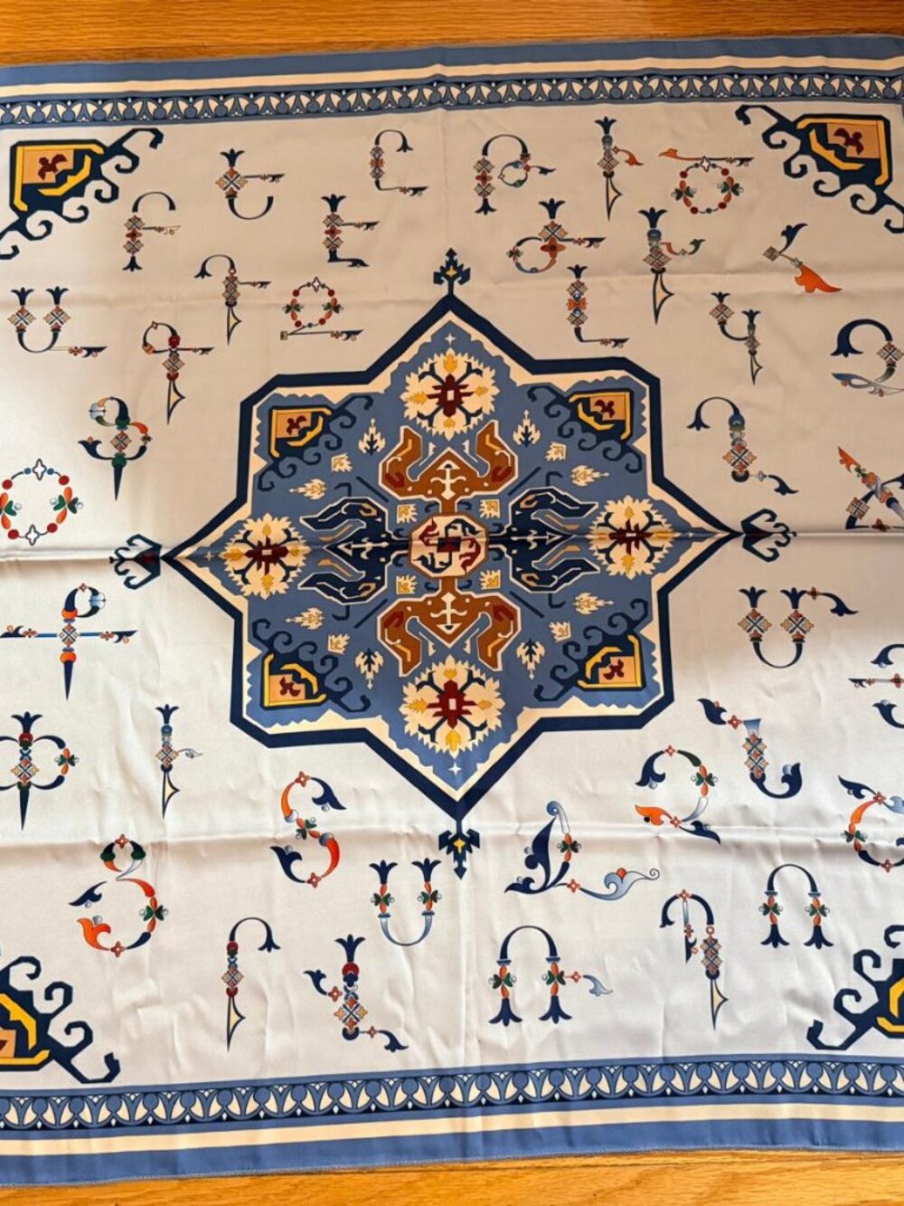 Vordian Luxury Silk Scarf with Armenian Symbols  Size 26 1/2 x 26 1/2 inches New